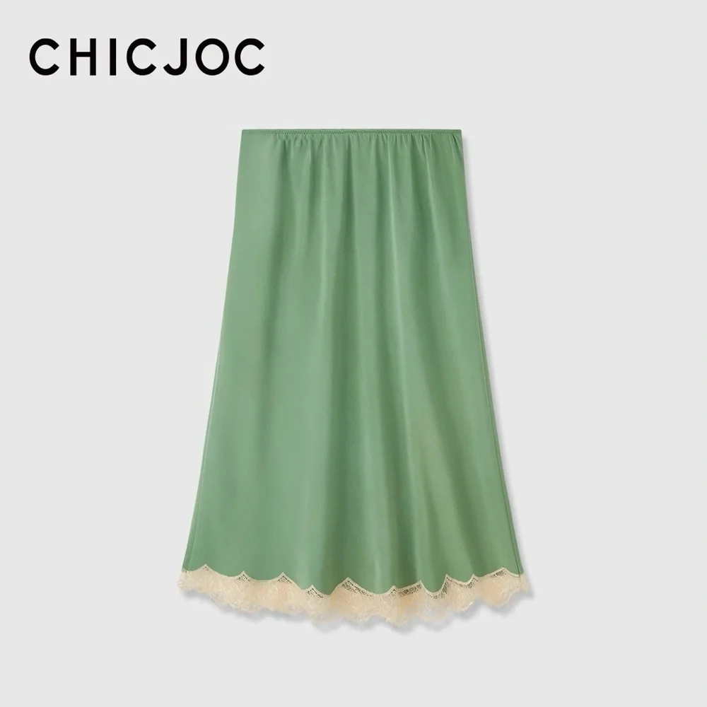 CHICJOC 100% Silk Bias-Cut Green Midi Skirt w/ Lace Hem size 38